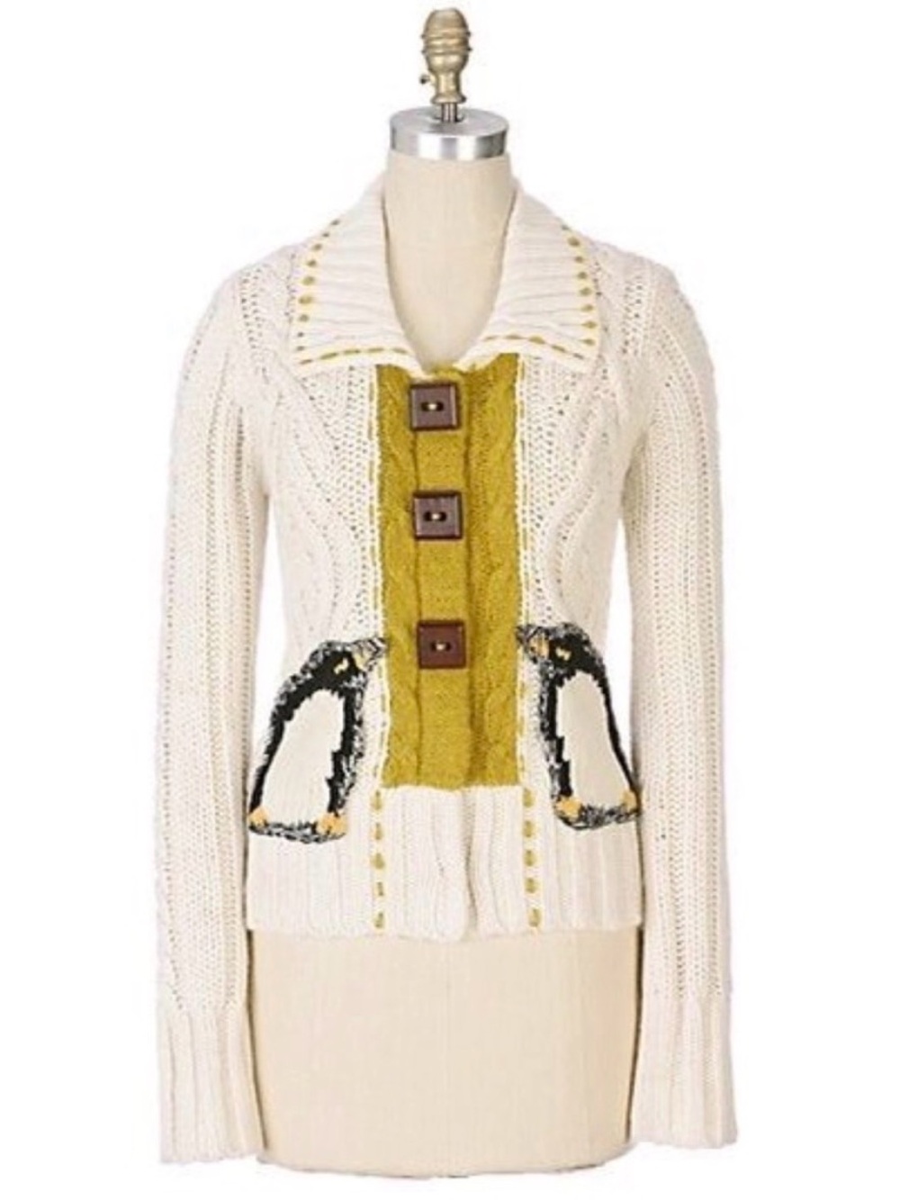 Anthro Field Flower Cream Cable Knit Cardigan with Penguin Pockets Size XS